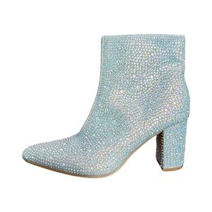 Rhinestone Ankle Booties, Block Heel, Silver, Size 7